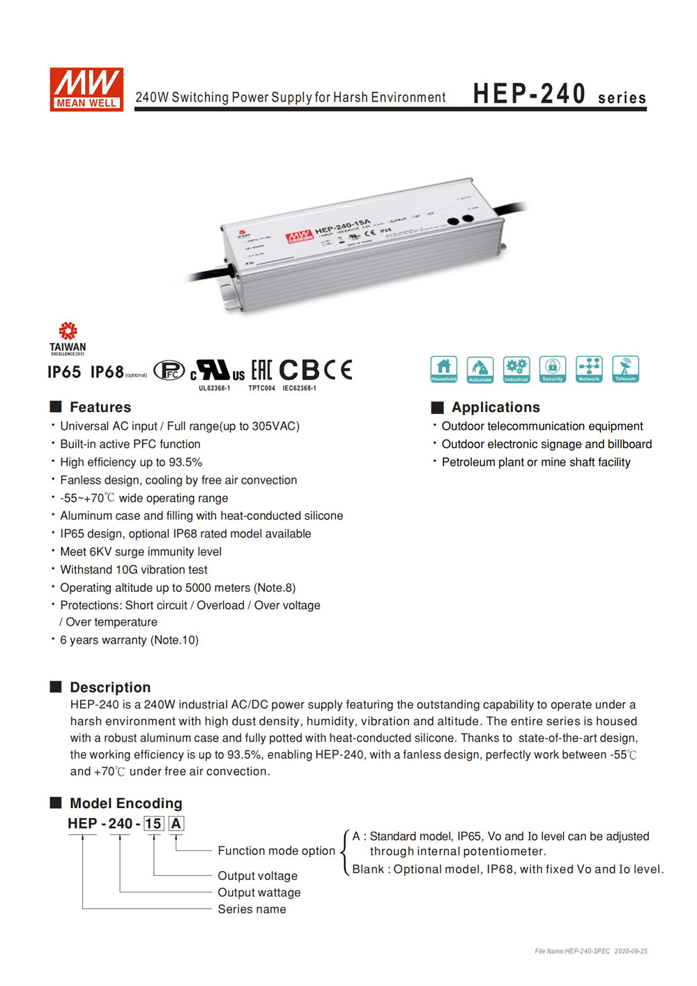 MEAN WELL HEP-240-12A, High Ef - Outdoor Power Supply 12V 리뷰 및 가격